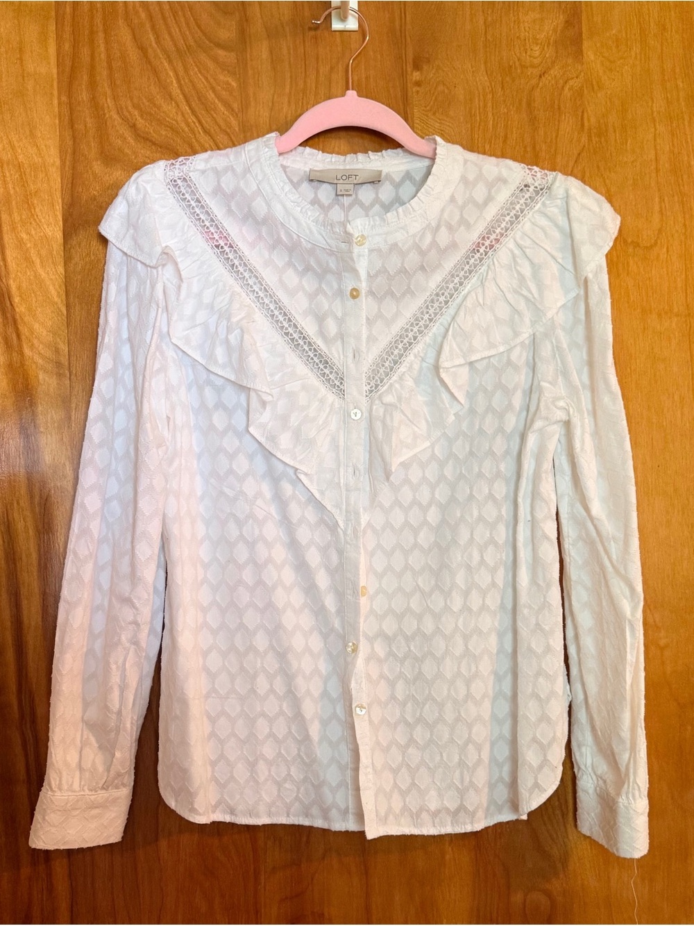 NWT LOFT White Ruffled Lace-Trim Button-Down Blouse Size S - Picture 2 of 9